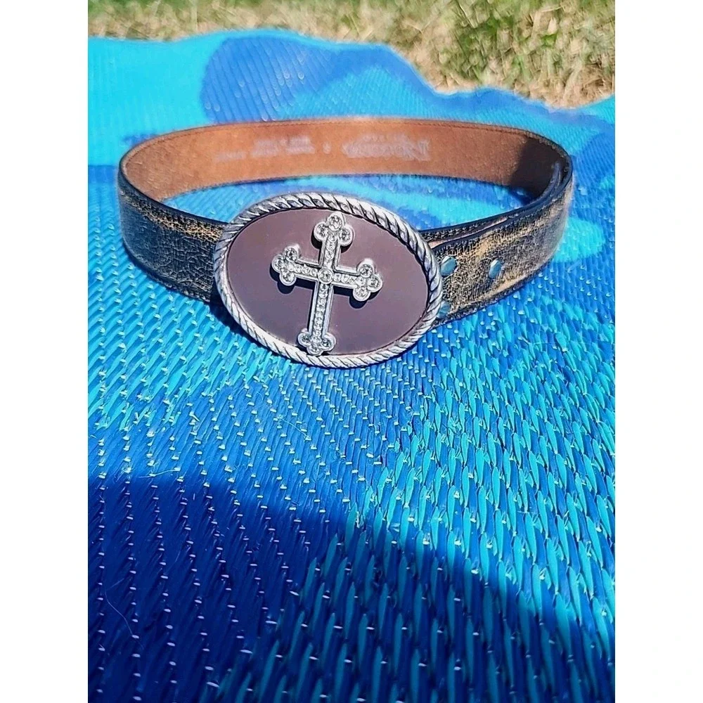 Nocona Belt Co Brown Leather Cross Belt Rhinestone Western Bling Women ‎ S 28-32